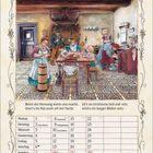 Februar 2027. Spruch über Wetterprognose. Illustration: Menschen im traditionellen Raum mit Kamin. Kalender unten.