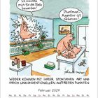 Kalenderillustration: Ein Schwein springt durch ein Fenster: "Ich möchte mich für die Stelle bewerben!" "Stuntman-Agentur ist nebenan."