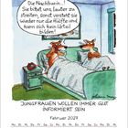 Zwei Füchse im Bett, der eine sagt: "Die Nachbarin...! Sie bittet uns, lauter zu streiten." Februar 2027 Kalender.