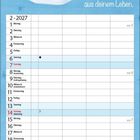 "Sie vertreiben die bösen Geister aus deinem Leben." Kalender für Februar 2027: Wochentage, Feiertage, Mondphasen. Illustration mit zwei Engeln und einem Geist.