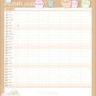 Kalenderblatt für Februar 2027 mit dekorativen Cupcakes oben und kleinen Notizsektionen unten.