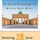 Text: "Wo steht das Brandenburger Tor?" Optionen: a) Brandenburg b) Berlin c) Bochum. Datum: Donnerstag, 28. Januar. Ansicht des Brandenburger Tors.