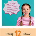 Text: "Warum können Skelette so schlecht lügen? Weil sie so leicht zu durchschauen sind!" Freitag, 12. Februar. Mädchen lächelt.