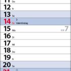 Kalender vom Februar 2027, wichtige Tage: 8. Rosenmontag, 9. Faschingsdienstag, 10. Aschermittwoch, 14. Valentinstag.