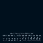 Februar 2027 in vier Sprachen. Tage und Daten 1-28 auf schwarzem Hintergrund. Feiertage: 8., 9., 10., 14.