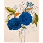 Kalenderblatt mit blauen Rosen, grünen Blättern und orangen Zweigen, stilvoll und künstlerisch gestaltet.