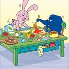 Eine Illustration zeigt ein rosa Hase und einen blauen Elefant, die zusammen Pizza zubereiten, umgeben von Zutaten.