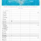 Kalenderseite Februar 2027, Zitat: "Nichts ist entspannender, als das anzunehmen, was kommt." Dalai Lama. Oben blaue geometrische Illustration.