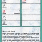 Kalender Februar: Heringe mit Speck Rezept. Illustration: Frau in Tracht bereitet Speisen in traditioneller Küche zu.