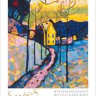 Winterlandschaft, Wassily Kandinsky. Eine bunte Landschaft mit gelbem Haus, kahlen Bäumen, farbenfrohem Himmel und Weg.