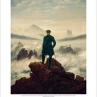 Illustration: Eine Figur steht auf einem Felsen, schaut in eine nebelige Berglandschaft mit Wolken und Bergen in der Ferne.