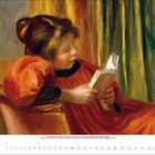 Kalender: Monat Februar 2023. Illustration: Frau in rotem Kleid liest ein Buch, entspannte Haltung im Stuhl.
