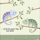 "… weil du die grauen Tage bunt färbst." Zwei bunte Chamäleons auf Zweigen, Kalender unten, Februar 2027.