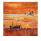 2 2024: Eine orangefarbene Landschaft mit einem Boot und Schloss, Sonne am Himmel, helle und dunkle Schattierungen.