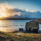 Keine erkennbaren Texte. Zwei Gänse auf einer Wiese, kleines Haus mit Grasdach, Meer und Berge im Sonnenuntergang.