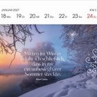 Januar 2027, Kalenderwoche 3. Zitat von Albert Camus: "Mitten im Winter erfuhr ich schließlich, dass in mir ein unbesiegbarer Sommer steckte." Winterlandschaft.