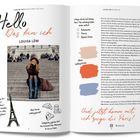 Texte: "Hello Das bin ich", "LUOISA LÖW", "5 Dinge... Paris-Trip", "Baskenmütze", "Kamera", "Bequeme Schuhe", "Lieblingsfarben", "Und jetzt komm mit, ich zeige dir Paris!"  
Illustration: Eiffelturm, Croissant und Macarons.  
Foto: Frau auf Treppen in Paris, lachend.