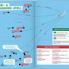 Karte der Malediven mit Resorts und Aktivitäten. Hervorgehobene Orte: Veligandu, Kuramathi, Angaga. Enthält "Marco Polo Bucketlist".