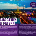 "Ausgehen & Feiern" in großer violetter Schrift. Darunter ein nächtliches Panorama von Köln mit dem erleuchteten Dom.