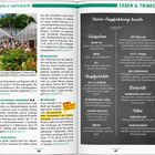 Seite links: "Cafés & Gartencafés" mit Beschreibungen von drei Cafés. Rechts: "Essen & Trinken" mit Menüpunkten wie Vorspeisen, Hauptgerichte, Desserts.