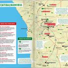 "ZENTRALNAMIBIA" oben; Auf der Karte markierte Orte und Highlights, z.B. Windhoek, Swakopmund, Waterberg. Highlight-Boxen mit Tipps.