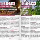 Titel links: "BEST OF GRÜN & FAIR." Titel rechts: "BEST OF LOW-BUDGET." Zwei Seiten mit Tipps zu Umweltschutz und Sparen.