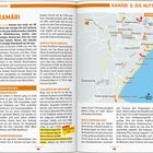 **Text:**

**KAMÁRI.**

Kamári war noch vor 40 Jahren der einzige Ort auf Santorin...

**Sightseeing.**

Tonnenhäuser, Strandpromenade...

**Hinweis:** Kein kleines langes Holz an Bord, atme durch...  

**Ein kleiner Tipp:** Nimm das Boot nicht an Bord...

**Layout:**

Links Text über Kamári, rechts eine Karte mit Orten und Sehenswürdigkeiten von Kamári.