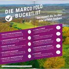 "Die Marco Polo Bucketlist: Das musst du in der Eifel erlebt haben." Eine Liste aus Freizeitaktivitäten vor einer Landschaft.