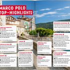 "MARCO POLO TOP-HIGHLIGHTS." Eine offene Buchseite zeigt eine Vielzahl von Reiseempfehlungen in Italien mit Bild einer malerischen Stadt.