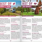Texte im Bild: "BEST OF GRÜN & FAIR" und "BEST OF LOW-BUDGET". Links: Zug auf Schienen in grüner Landschaft. Rechts: Skulptur aus Metall.