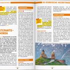 Bei "STEPÅNTSMINDA": Text beschreibt Campingplatz am Fluss. Erwähnt GPS-Koordinaten und Telefonnummer. Farbiges Highlight: "Beim Flussrauschen einschlafen", "Sightseeing", "Sport & Spaß". Bild unten zeigt Kirche vor Bergen.