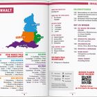 Inhaltsverzeichnis einer Reiseführerbroschüre mit einer farbigen Karte, die England in vier Regionen (Norden, Westen, Osten, Süden) teilt.