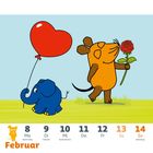 Kalender: Februar 8-14, mit Feiertagen. Illustration eines blauen Elefanten mit Herzballon und einer Maus mit Rose.