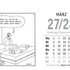 Karikatur: Eine Person spricht von einer Matratze, die sich wie "eine Wanne voller Maden" anfühlt. Kalender zeigt "März 27/28".