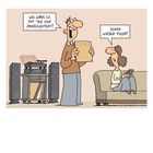 Ein Mann hält Vivaldi, fragt: "Wie wäre es mit 'Die vier Jahreszeiten'?" Frau auf Sofa: "Schon wieder Pizza?" Kalender für Januar unten.