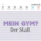 MEIN GYM? Der Stall. Kalenderwoche 2, Januar, mit Wochentagen und Daten. Hintergrund mit lila Streifen.