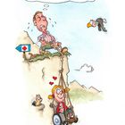 Illustration: Eine Person zieht eine im Rollstuhl sitzende Person einen Berg hoch. Text: "Warum muss es der Bergdoktor sein..."