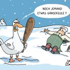 Ein wütender Gänserich mit Keule fragt: "Noch jemand etwas Gänsekeule?" Daneben ein Koch im Schnee liegend.