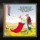 Illustration: Eine Frau sagt, "Seit drei Jahren ist dies hier nun schon unser Picknickplatz - da sollen uns ja wohl ein paar Fliegen nicht abhalten ...". Ein Baum mit einem hängenden Bein und viele Fliegen sind zu sehen. Zwei Personen bereiten ein Picknick vor.