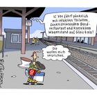 IC 704 fährt pünktlich mit intakten Toiletten. „Die wollen mich verarschen.“ Illustration: Person mit Gepäck am Bahnsteig.
