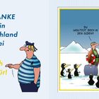 Text: "Auf ein DANKE gibt es in Norddeutschland nur zwei Antworten: 1. Dafür nich 2. Da nich für!". Illustration mit Pärchen, Koffern, Pinguinen im Schnee.