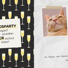 Text: "ABSCHIEDSPARTY war super! Aber ich glaube, der KATER wohnt jetzt hier!" und "An Tagen wie diesen ...".  
Links: Sektgläser-Muster.  
Rechts: Katze und Wasserglas-Skizze.
