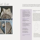 Text links: "Carla-Weste". Bilder links zeigen graue Strickweste in verschiedenen Phasen mit Wollknäueln. Rechtstext: Strickanleitung.