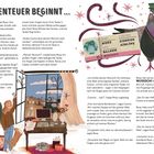 Text in großen Buchstaben: "DAS ABENTEUER BEGINNT ...". Illustration einer Taube in Uniform und eines Katers. Kinder am Fenster.