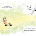 Vielleicht sind meine Gefühle zu groß. Große Gefühle bedeuten, dass du ein großes Herz hast. Illustration mit Kind, Hund und Libellen. Pastelltöne.