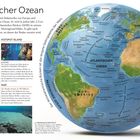 Atlantischer Ozean: Trennung der Welt. Wissenswertes: Fläche 106.480.000 km². Illustration einer Erdkugel mit Ozeantexten.