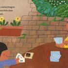 Text: "Auch du kannst diese Liebe weitertragen. Es ist leicht, anderen Menschen eine Freude zu machen." Illustration: Zwei Personen spielen Karten im Garten.