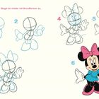 Eine Anleitung in sechs Schritten zeigt das Zeichnen einer Micky-Maus-Figur mit rosa Schleife.