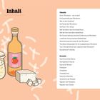 Inhalt, Theorie, Darm-Mikrobiom, Superkräfte, Rezepte, darmfreundliche Menüs. Illustration von Essigflasche und Joghurtglas.