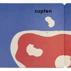 "Käse und Oregano", "zupfen", "streuen"; blaue und rote Flächen mit weißen Formen und grünlichen Strichen.